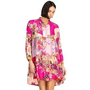 Johnny Was Dress Womens Large Yama Jasmine Silk Floral Tunic Tiered Mini Boho